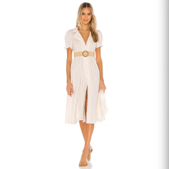 WeWoreWhat Puff Sleeve Bella Shirt Dress in Macro Stripe Shortbread - Picture 2 of 9